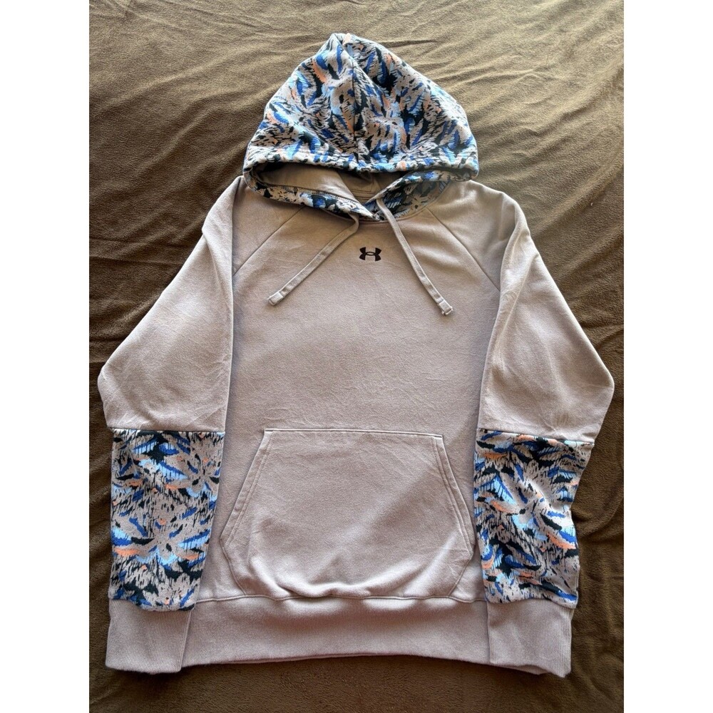 Under Armour Pullover Hoodie Patterned Hood Kangaroo Pocket Gray Blue Women L